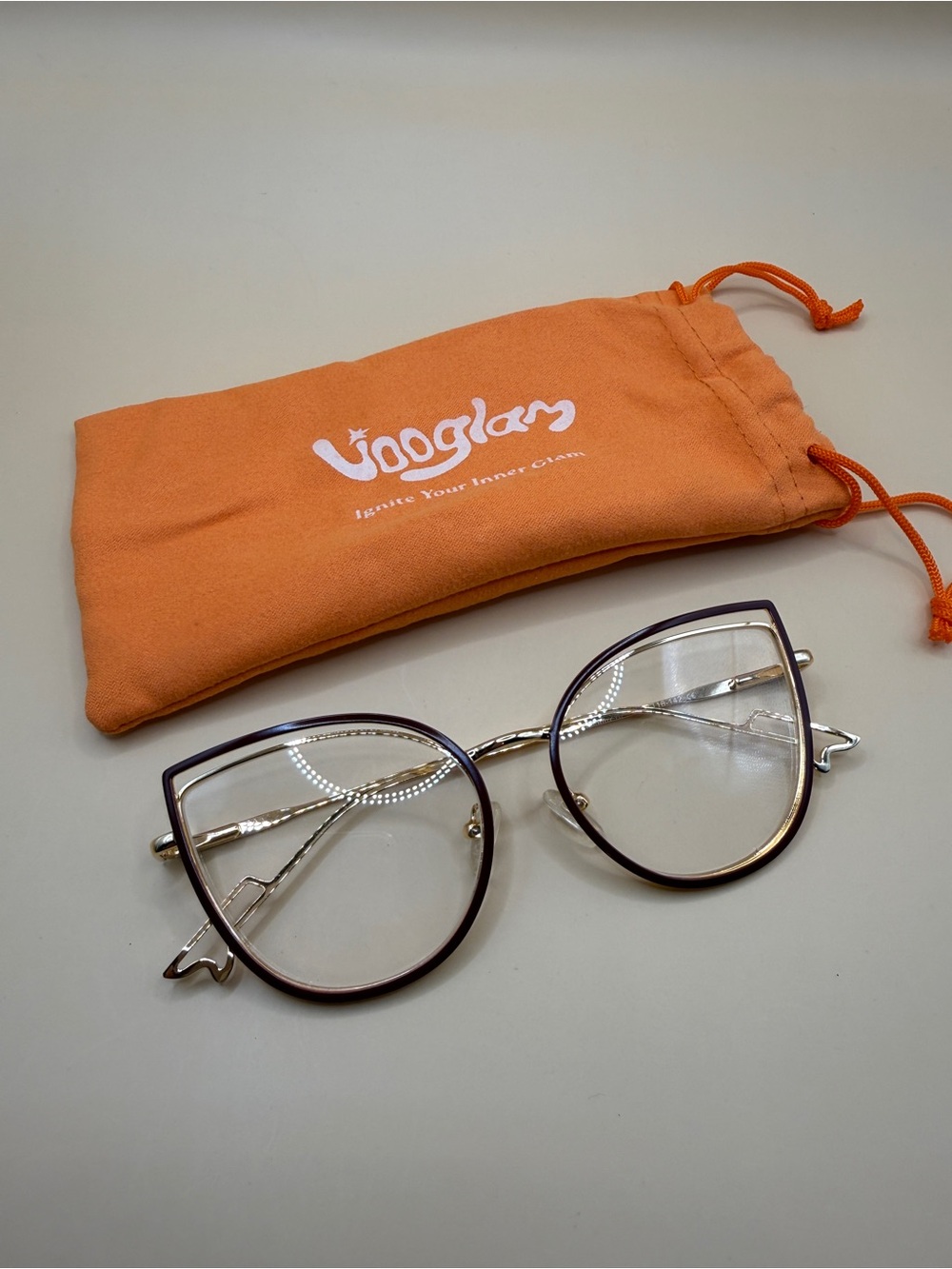 Vooglam Cat-Eye Clear Lens Glasses with Orange Soft Pouch, No prescription